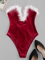 ZAFUL Body Bandeau en Fausse Plume à Lacets en Velours à Armature en V L Rouge
