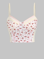 ZAFUL Camisole Courte à Imprimé Fleurie en Dentelle Insérée avec Œillet S Blanc