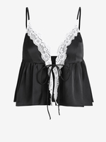 ZAFUL Camisole Péplum Nouée en Avant en Dentelle Insérée en Satin S Noir