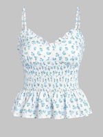 ZAFUL Camisole Péplum Plissée à Imprimé Fleurie à Volants S Bleu clair