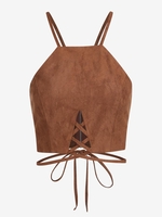ZAFUL Camisole Tressée Croisée à Encolure Dégagée en Faux Suède S Café profond