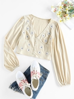 ZAFUL Cardigan Boutonné Brodé Côtelé Fleur M Café lumière