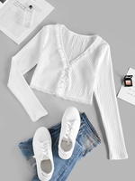 ZAFUL Cardigan Court Côtelé en Dentelle à Volants S Blanc