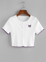 ZAFUL Cardigan Court Côtelé Papillon Brodé à Ourlet en Laitue M Blanc