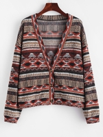 ZAFUL Cardigan en Tricot à Imprimé Ethnique Aztèque à Goutte Epaule à Doublure en Laine S Orange tigre