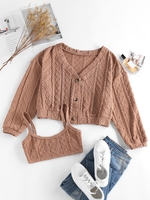 ZAFUL Cardigan en Tricot Losange à Goutte Epaule avec Haut Soutien-Gorge S Café