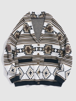 ZAFUL Cardigan Tricoté à Imprimé Aztèque Ethnique Boutonné S Café lumière