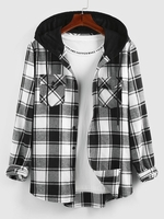 ZAFUL Chemise à Capuche à Carreaux Imprimée avec Double Poches L Noir