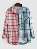 ZAFUL Chemise à Carreaux Imprimée en Blocs de Couleurs avec Poche L Bleu clair