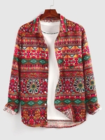 ZAFUL Chemise à Imprimé Ethnique Aztèque Motif à Manches Longues S Rouge