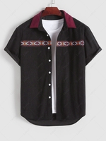 ZAFUL Chemise à Imprimé Géométrique Ethnique en Blocs de Couleurs à Manches Courtes en Velours Côtelé M Noir