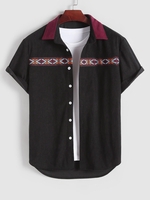 ZAFUL Chemise à Imprimé Géométrique Ethnique en Blocs de Couleurs à Manches Courtes en Velours Côtelé S Noir