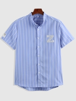 ZAFUL Chemise à Imprimé Lettre Rayée Boutonnée L Bleu