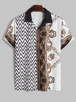 ZAFUL Chemise à Imprimé Zigzag Baroque en Blocs de Couleurs à Col Revers M Café