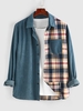 ZAFUL Chemise Boutonnée Panneau à Carreaux en Velours Côtelé L Bleu