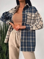ZAFUL Chemise Cargo Style de Petit Ami à Carreaux Contrastée avec Poche M Bleu