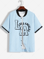 ZAFUL Chemise de Base-ball à Imprimé Lettre LOS ANGELES en Blocs de Couleurs L Bleu clair