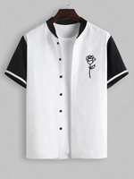 ZAFUL Chemise de Base-ball Rose Brodée en Couleur Jointive à Manches Courtes L Blanc