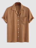 ZAFUL Chemise en Coton et Lin Texturé Design avec Poche Devant à Manches Courtes L Café lumière