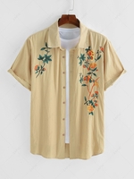ZAFUL Chemise Fleur Oiseau Brodée à Manches Courtes S Jaune clair