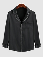 ZAFUL Chemise Soyeuse à Ourlet Contrasté à Manches Longues avec Poche en Avant en Satin L Noir