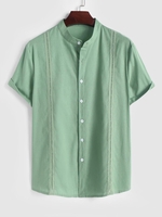 ZAFUL Chemise Texturée Ajourée à Col Debout à Manches Courtes en Coton et Lin L Vert clair