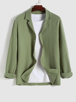 ZAFUL Chemise Texturée en Couleur Unie Manches Longues à Col Revers L Vert clair