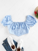ZAFUL Chemisier Boutonné à Manches Bouffantes avec Nœud Papillon à Volants Xl Bleu clair