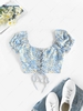 ZAFUL Chemisier Court à Imprimé Fleuri à Manches Bouffantes à Lacets S Bleu clair