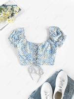 ZAFUL Chemisier Court à Imprimé Fleuri à Manches Bouffantes à Lacets S Bleu clair