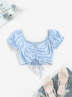 ZAFUL Chemisier Court à Imprimé Fleuri Plissé en Avant à Manches Bouffantes L Bleu clair