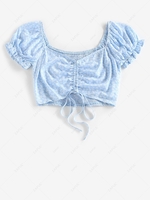 ZAFUL Chemisier Court à Imprimé Fleuri Plissé en Avant à Manches Bouffantes S Bleu clair