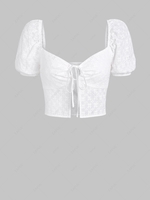 ZAFUL Chemisier Court Fendu Broderie Anglaise Noué en Avant à Manches Bouffantes S Blanc