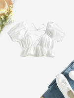 ZAFUL Chemisier Court Péplum Noué à Manches Bouffantes M Blanc