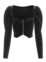 ZAFUL Chemisier Court Zippé à Manches Gigot en Velours M Noir