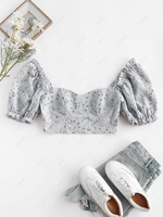 ZAFUL Chemisier Court Zippé Fleuri à Manches Bouffantes L Bleu clair