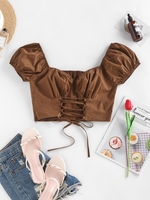 ZAFUL Chemisier de Laitière à Manches Bouffantes à Lacets S Café