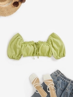 ZAFUL Chemisier de Laitière Court à Manches Bouffantes à Col Noué M Vert clair