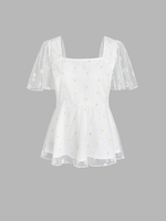 ZAFUL Corsage avec Empiècements en Maille et Broderie Marguerites à Manche Flottante de Grande Taille 2xl Blanc