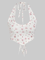 ZAFUL Débardeur Fleuri Côtelé à Lacets à Col Halter S Blanc