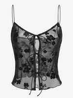 ZAFUL Débardeur Fleuri en Maille Transparente à Lacets M Noir