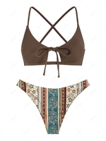 ZAFUL Ensemble Bikini Cheeky Bohème Découpé Lacé à Imprimé Fleuri S Café profond