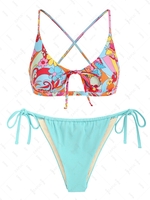 ZAFUL Ensemble Bikini Tanga Texturé à Lacets Motif Floral Taille unique Multi a