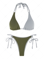 ZAFUL Ensemble de Bikini à Corde Texturé en Blocs de Couleurs à Col Halter L Vert