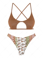 ZAFUL Ensemble de Bikini Bohème Cheeky Découpé Brillant à Imprimé Fleuri à Paillettes S Café