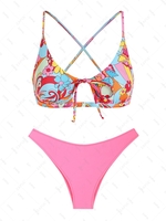 ZAFUL Ensemble de Bikini Cheeky Brillant Découpé Mélangé et Assorti à Imprimé Fleuri S