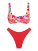 ZAFUL Ensemble de Bikini Cheeky Fleuri Côtelé à Col Dégagé Taille unique Rouge