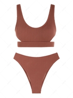 ZAFUL Ensemble de Bikini Cheeky Texturé Découpé à Jambe Haute Style Débardeur Taille unique Café