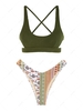 ZAFUL Ensemble de Bikini Croisé Ethnique Texturé à Imprimé Fleuri à Coupe Haute M Vert