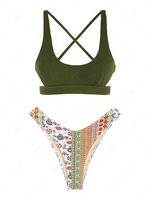 ZAFUL Ensemble de Bikini Croisé Ethnique Texturé à Imprimé Fleuri à Coupe Haute M Vert